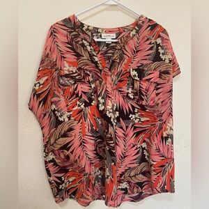 Tropical Leaf Print Blouse XL Pink Coral Flowy Short Sleeve Top